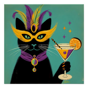Póster Retro Sofisticados É Hora do Martini de Mardi Gras