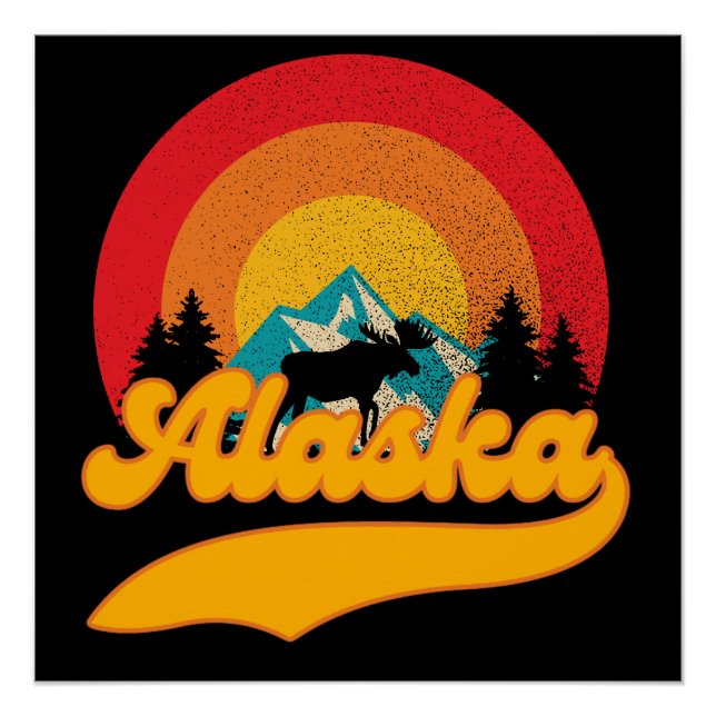 Póster Retro Sunset Alaska Juneau Moose 0Montanhas Selvag (Frente)