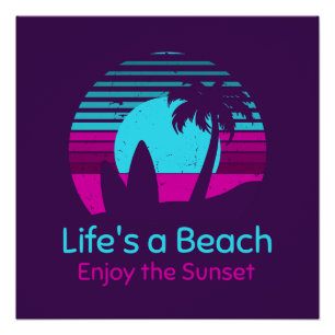 Póster Retro Sunset Surfboard Palm Tree Life's a Beach