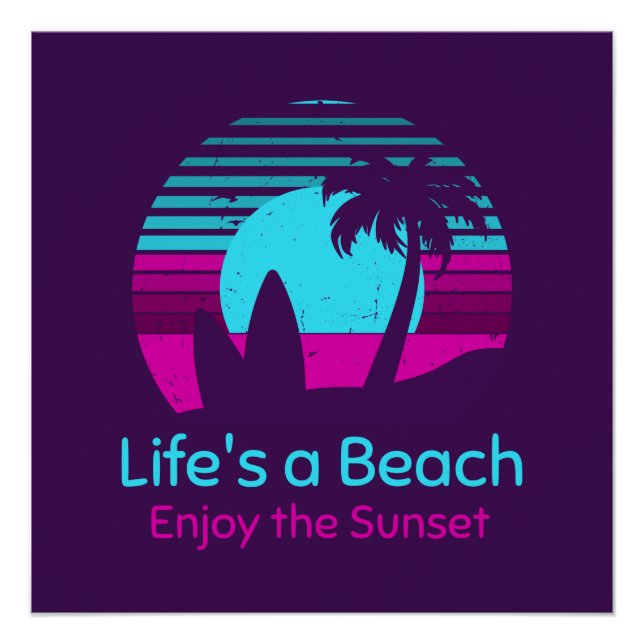 Póster Retro Sunset Surfboard Palm Tree Life's a Beach (Frente)