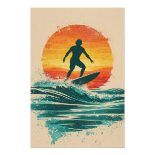 Póster Retro Sunset Surfer – Cartaz de Arte de Surf Vinta