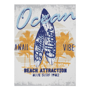 Póster Retro Surfboard Design Beach