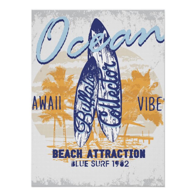 Póster Retro Surfboard Design Beach (Frente)