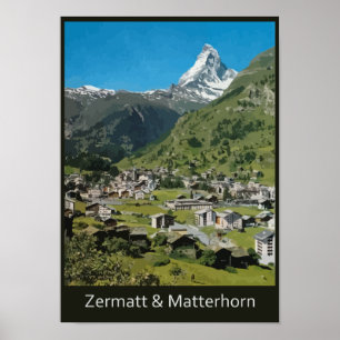 Póster Retro-Swiss viagem Zermatt e Monte Matterhorn