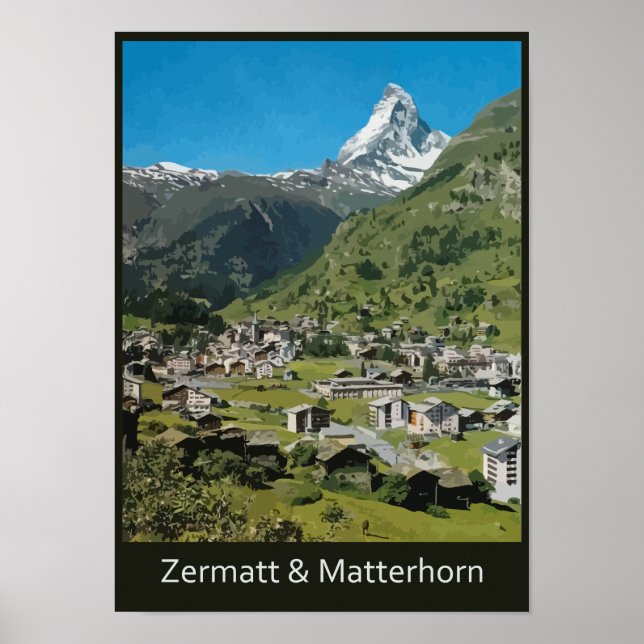 Póster Retro-Swiss viagem Zermatt e Monte Matterhorn (Frente)