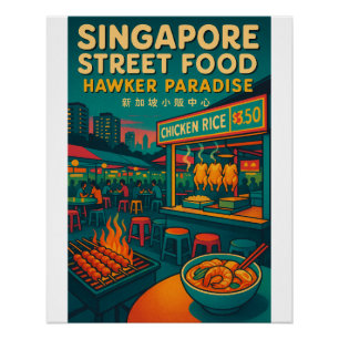 Póster retro viagem- da comida de rua de Singapura