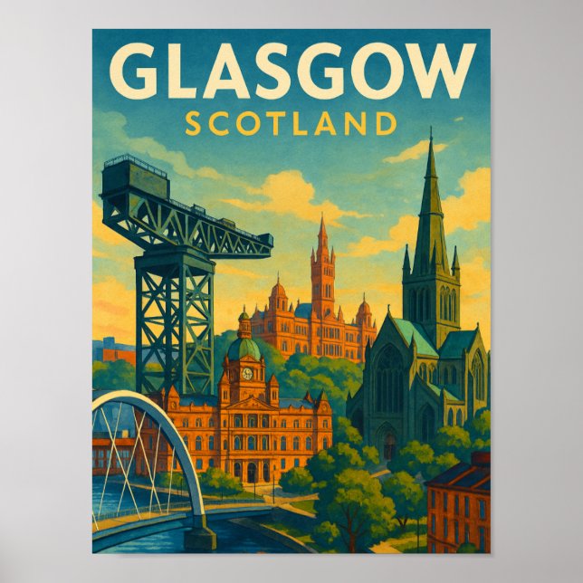 Poster Retro Viagem Glasgow Escócia (Frente)