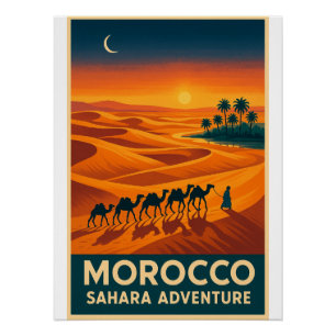 Póster Retro Viagem - Sahara Desert Sunset, Marrocos