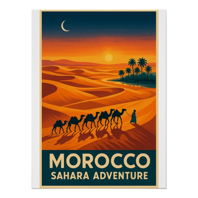 Póster Retro Viagem - Sahara Desert Sunset, Marrocos (Frente)