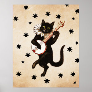 Poster Retro Vintage Black Cat Tocando Banjo | Presente p