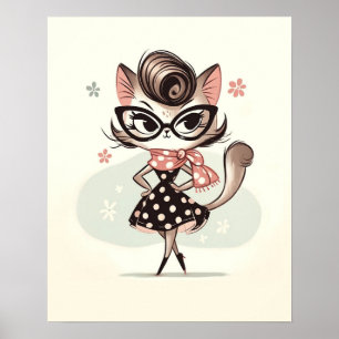 Poster Retro Vintage Feminine Kitten Com Óculos De Olho D
