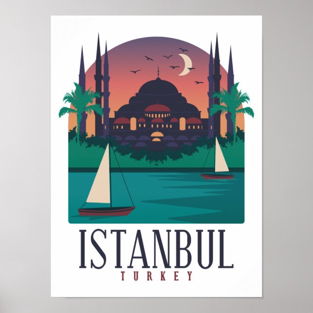 Poster Retro Vintage Istanbul Turquia Skyline Hagia Sophi (Frente)