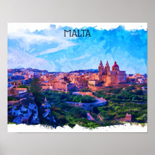 Poster Retro Vintage Malta panorama Watercolor view