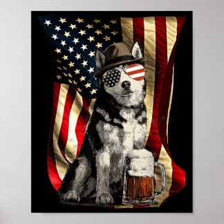 Poster Retrô Vintage Patriótico Husky Cão Bandeira EUA Ju