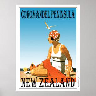 Poster retro Zealan novo da praia da península de