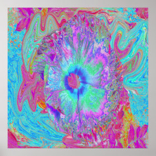 Poster Retrópico Psicodélico Arco-Íris Azul Hibiscus