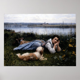 Poster Reverioso (Garota deitada na grama com seu cachorr