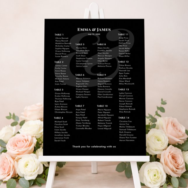 Poster REVERSE Black Ampersand Casamento | 14 Plano de Sa (Minimalist black wedding seating chart for 14 with white text and modern ampersand layout.)