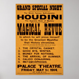 Póster Revista Mágica de Houdini, 1914. Publicidade Antig
