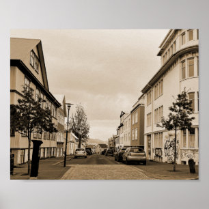 Poster Reykjavik, Islândia Street Scene Sepia