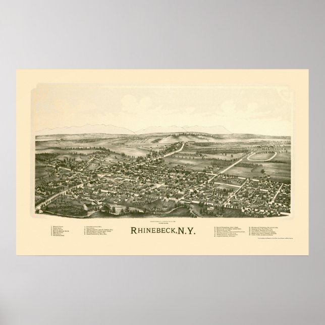 Poster Rhinebeck, NY Panorâmica Map - 1890 (Frente)