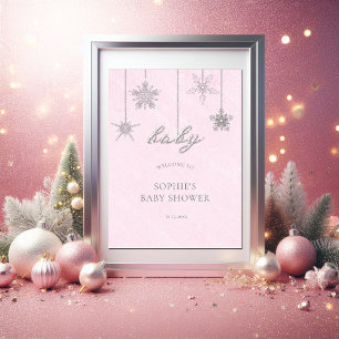 Poster Rhinestones Snowflakes Chá de fraldas Rosa Bem-vin