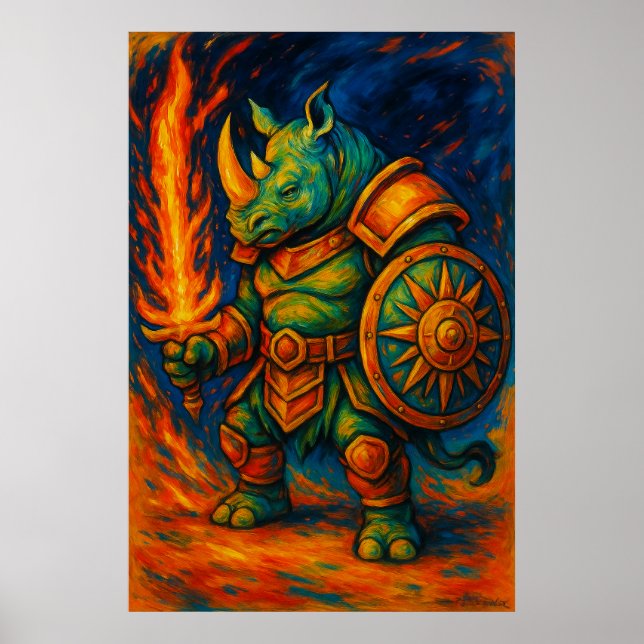 Poster Rhino Warrior Wall Art – Fiery Sword Guardian (Frente)