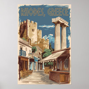 Poster Rhodes Grécia Ruins Viagem de Arte Vintage