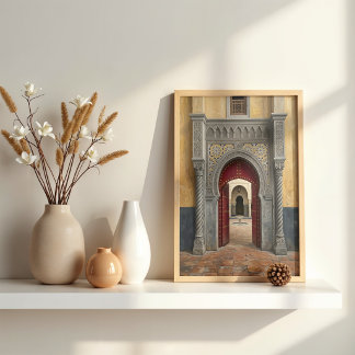Poster Riad Marroquino Pintura a Óleo Porta Vermelha Carm