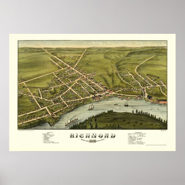 Poster Richmond, Map Panorâmico ME - 1878 (Frente)