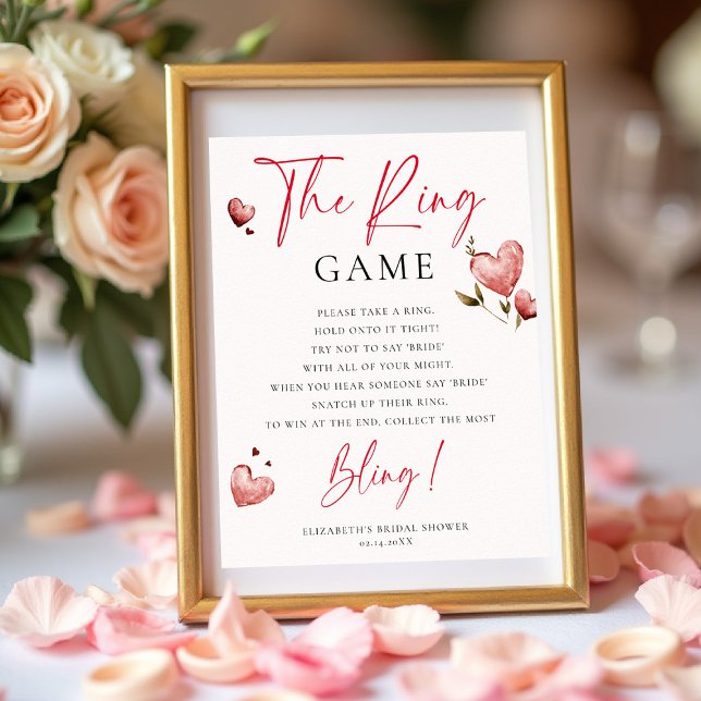 Poster Ring Game Valentine Bridal Shower Game Watercolor (valentine bridal shower game ring brunch bubbly watercolor hearts showered with love)