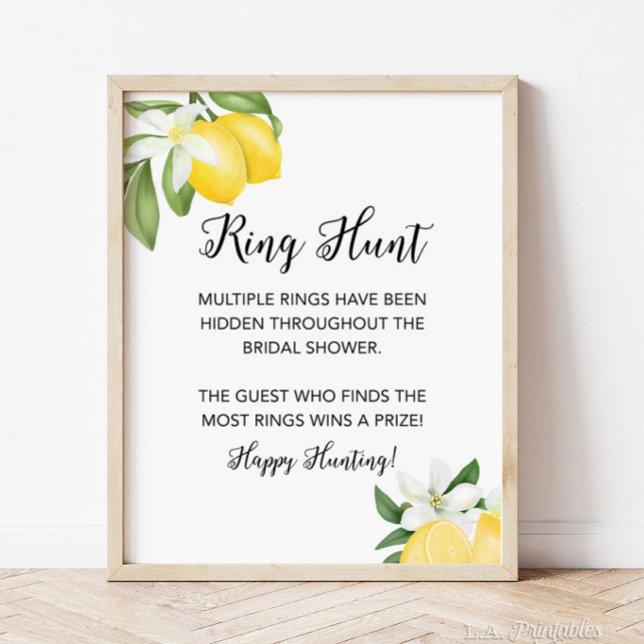 Poster Ring Hunt Lemon - Sinal de Chá de panela Citrus (Ring Hunt Bridal Shower Game Sign, Lemon Citrus Theme)