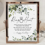 Poster Ring Hunt - Sinal de Jogo do Chá de panela Greener<br><div class="desc">A design apresenta um verde de aquarela mista,  constituído por eucalipto,  ramos botânicos de oliveira e muito mais. A folhagem está estilizada em vários tons de sábio,  esmeralda e verde-claro. Você pode alterar o texto se quiser alterar as regras para este jogo de chá de panela.</div>