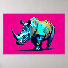 Poster Rinoceronte Retro de 8 Bits em Pixel Art Sala de J