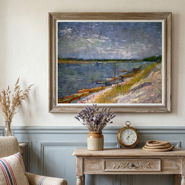 Poster Rio com Barcos a Remo por Vincent van Gogh (View of a River with Rowing Boats by Vincent van Gogh is vintage fine art post impressionism.)