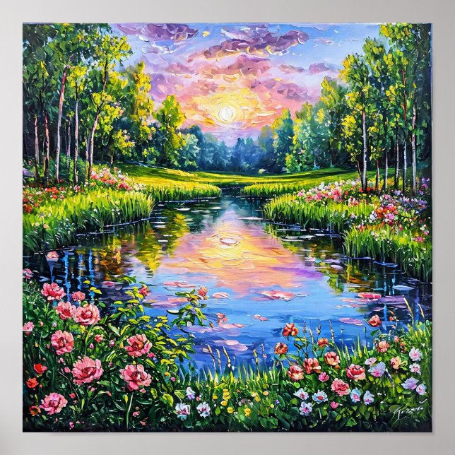 Poster Rio com Paisagem de Flores em Flor Arte 🌅🌸🌿 (Frente)