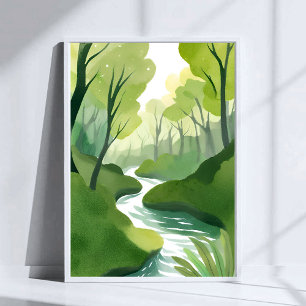 Poster Rio de Verde Pintura em Aquarela da Floresta