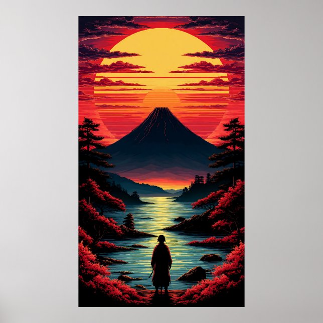 Poster Rio do Pôr do Sol Com Vulcão (Frente)