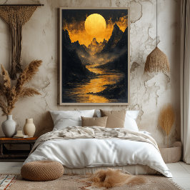 Poster Rio Dourado ao Luar em Monocromia Dourada