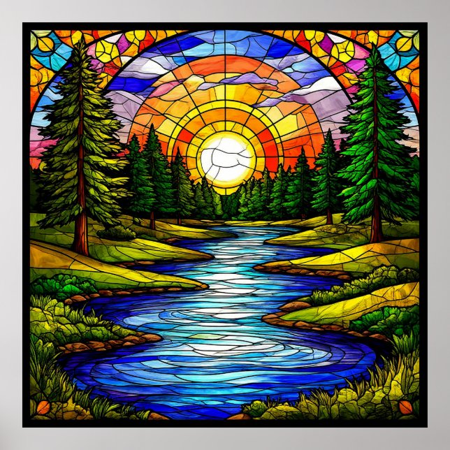 Poster Rio em uma Floresta ao Pôr do Sol (Frente)