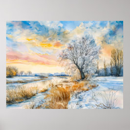 Poster Rio Havel nevado com salgueiro. Aquarela