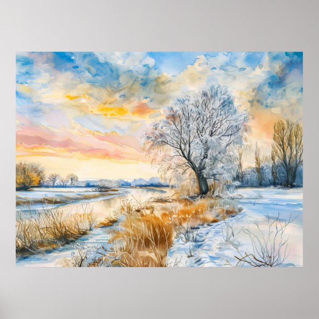 Poster Rio Havel nevado com salgueiro. Aquarela (Frente)
