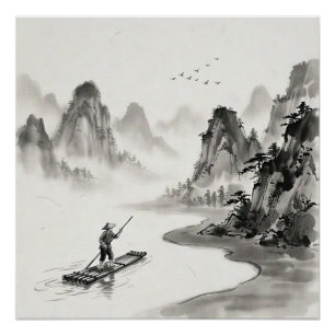 Póster Rio Li China Paisagem a Tinta Lavada