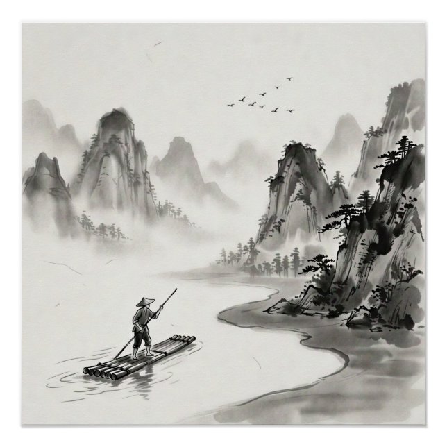 Póster Rio Li China Paisagem a Tinta Lavada (Frente)