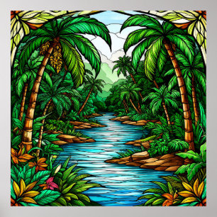 Poster Rio Tropical e Palmeiras em uma Selva Vibrante