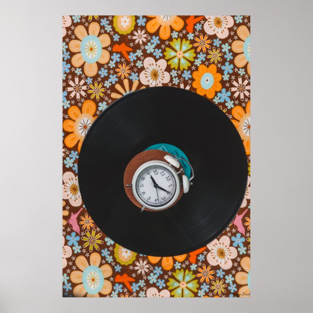 Poster Ritmo Groovy: Disco de Vinil e Relógio Despertador (Frente)