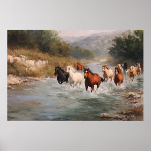 Poster River Run Galloping Horses Art