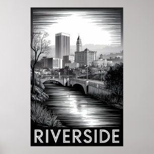 Poster Riverside Califórnia Xilogravura Preto e Branco