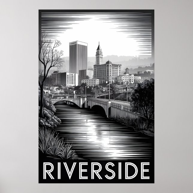 Poster Riverside Califórnia Xilogravura Preto e Branco (Frente)
