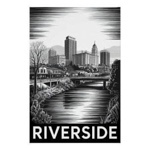 Póster Riverside Califórnia Xilogravura Preto e Branco